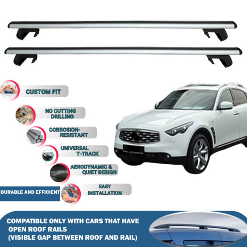 Roof Rack Cross Bars Compatible with Infiniti Qx70 Mk3 2013-2017, Fits Raised Roof Rails with Gap to Car Roof, Ideal Rail Carrier for Roof Tents, 2-Piece Silver