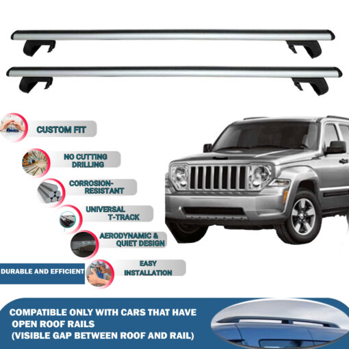 Roof Rack Cross Bars Compatible with Jeep Cherokee KK 2008-2014, Fits Raised Roof Rails with Gap to Car Roof, Ideal Rail Carrier for Roof Tents, 2-Piece Silver