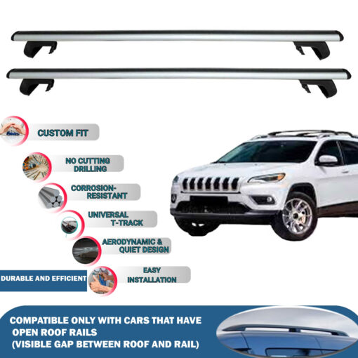 Roof Rack Cross Bars Compatible with Jeep Cherokee KL 2014-2023, Fits Raised Roof Rails with Gap to Car Roof, Ideal Rail Carrier for Roof Tents, 2-Piece Silver