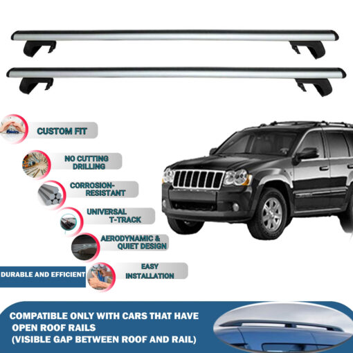 Roof Rack Cross Bars Compatible with Jeep Grand Cherokee WK 2005-2010, Fits Raised Roof Rails with Gap to Car Roof, Ideal Rail Carrier for Roof Tents, 2-Piece Silver