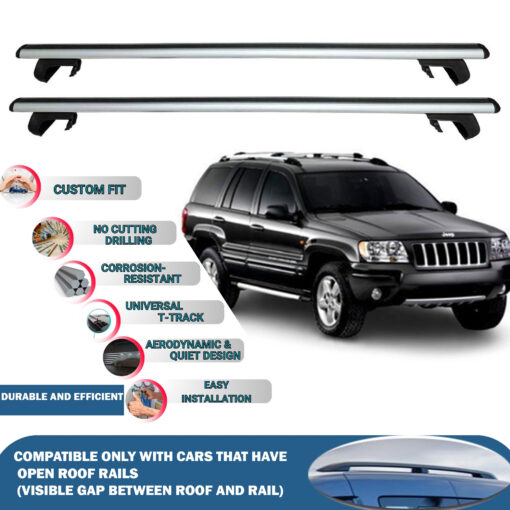 Roof Rack Cross Bars Compatible with Jeep Grand Cherokee WJ 1999-2005, Fits Raised Roof Rails with Gap to Car Roof, Ideal Rail Carrier for Roof Tents, 2-Piece Silver