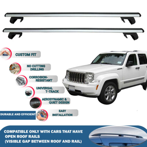 Roof Rack Cross Bars Compatible with Jeep Liberty KK 2008-2012, Fits Raised Roof Rails with Gap to Car Roof, Ideal Rail Carrier for Roof Tents, 2-Piece Silver