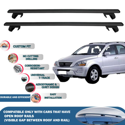 Roof Rack Cross Bars Compatible with Kia Sorento BL 2002-2009, Fits Raised Roof Rails with Gap to Car Roof, Ideal Rail Carrier for Roof Tents, 2-Piece Black