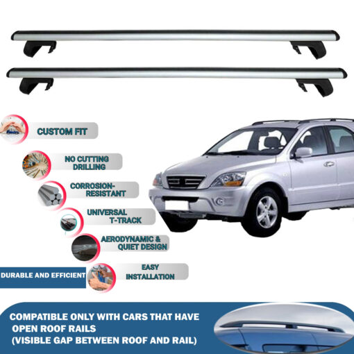 Roof Rack Cross Bars Compatible with Kia Sorento BL 2002-2009, Fits Raised Roof Rails with Gap to Car Roof, Ideal Rail Carrier for Roof Tents, 2-Piece Silver