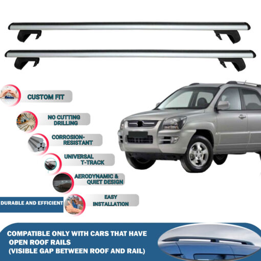 Roof Rack Cross Bars Compatible with Kia Sportage Je/KM 2005-2010, Fits Raised Roof Rails with Gap to Car Roof, Ideal Rail Carrier for Roof Tents, 2-Piece Silver