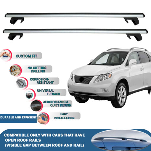 Roof Rack Cross Bars Compatible with Lexus Rx350 Al10 Pre-FL 2008-2012, Fits Raised Roof Rails with Gap to Car Roof, Ideal Rail Carrier for Roof Tents, 2-Piece Silver