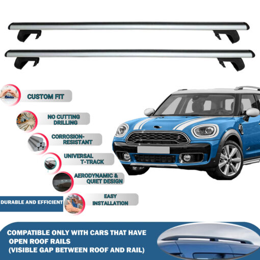 Roof Rack Cross Bars Compatible with Mini Countryman 2017-2023, Fits Raised Roof Rails with Gap to Car Roof, Ideal Rail Carrier for Roof Tents, 2-Piece Silver