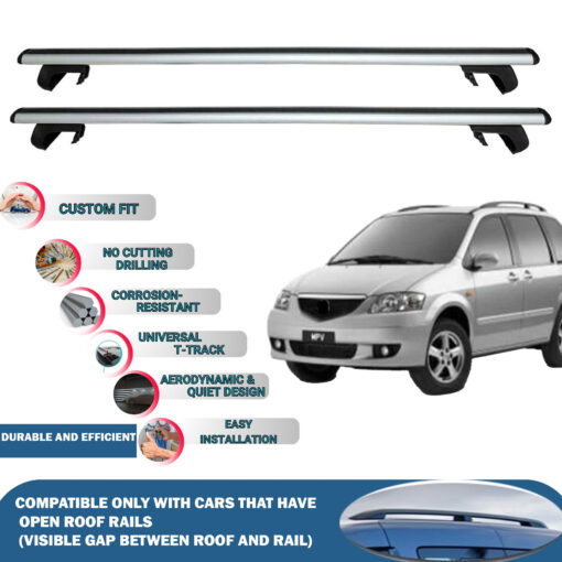 Roof Rack Cross Bars Compatible with Mazda Mpv 1999-2006, Fits Raised Roof Rails with Gap to Car Roof, Ideal Rail Carrier for Roof Tents, 2-Piece Silver