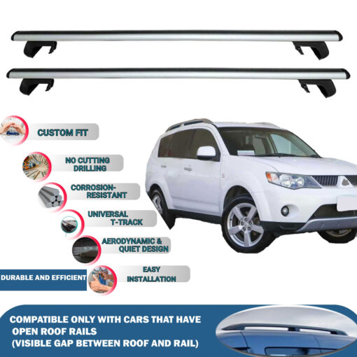 Roof Rack Cross Bars Compatible with Mitsubishi Outlander 2006-2012, Fits Raised Roof Rails with Gap to Car Roof, Ideal Rail Carrier for Roof Tents, 2-Piece Silver