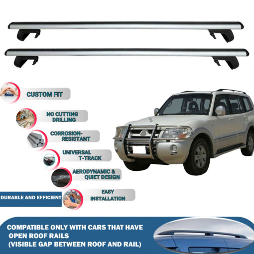 Roof Rack Cross Bars Compatible with Mitsubishi Pajero V60 3D 1999-2006, Fits Raised Roof Rails with Gap to Car Roof, Ideal Rail Carrier for Roof Tents, 2-Piece Silver