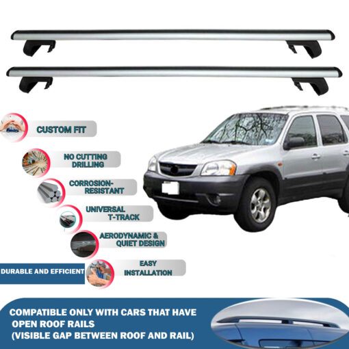 Roof Rack Cross Bars Compatible with Mazda Tribute 2001-2006, Fits Raised Roof Rails with Gap to Car Roof, Ideal Rail Carrier for Roof Tents, 2-Piece Silver