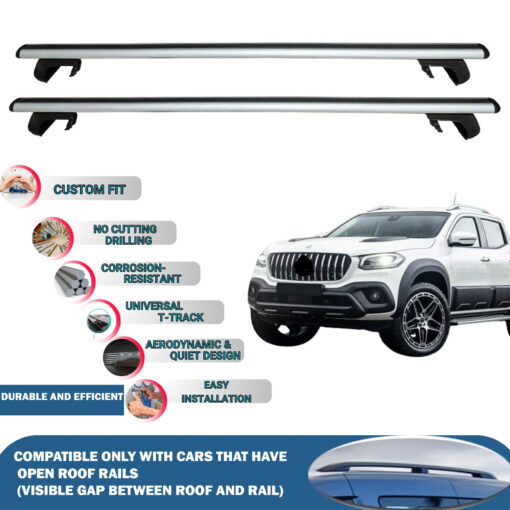 Roof Rack Cross Bars Compatible with Mercedes X-Class 2017-2020, Fits Raised Roof Rails with Gap to Car Roof, Ideal Rail Carrier for Roof Tents, 2-Piece Silver