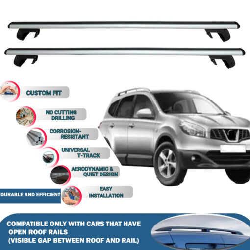 Roof Rack Cross Bars Compatible with Nissan Qashqai+2 2006-2013, Fits Raised Roof Rails with Gap to Car Roof, Ideal Rail Carrier for Roof Tents, 2-Piece Silver