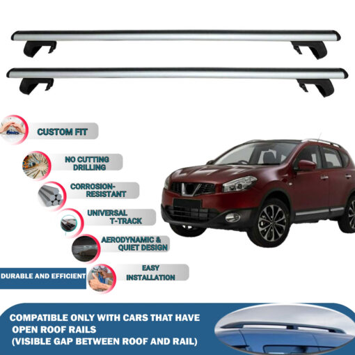 Roof Rack Cross Bars Compatible with Nissan Qashqai 4*4 2010-2014, Fits Raised Roof Rails with Gap to Car Roof, Ideal Rail Carrier for Roof Tents, 2-Piece Silver