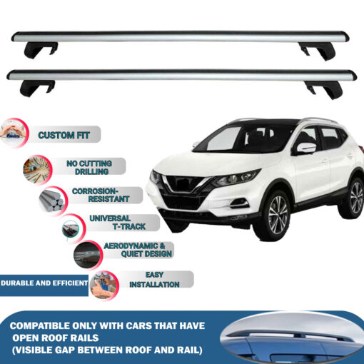 Roof Rack Cross Bars Compatible with Nissan Qashqai 2013-2020, Fits Raised Roof Rails with Gap to Car Roof, Ideal Rail Carrier for Roof Tents, 2-Piece Silver