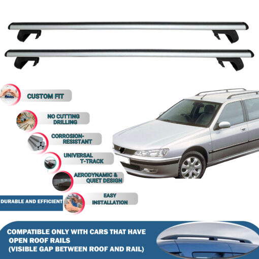 Roof Rack Cross Bars Compatible with Peugeot 406 Estate 1999-2005, Fits Raised Roof Rails with Gap to Car Roof, Ideal Rail Carrier for Roof Tents, 2-Piece Silver