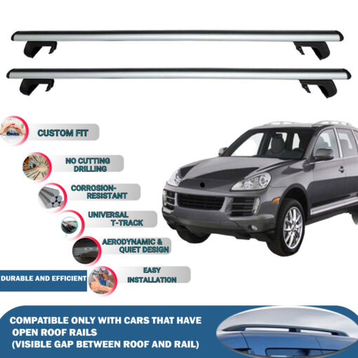 Roof Rack Cross Bars Compatible with Porsche Cayenne E1 2003-2010, Fits Raised Roof Rails with Gap to Car Roof, Ideal Rail Carrier for Roof Tents, 2-Piece Silver