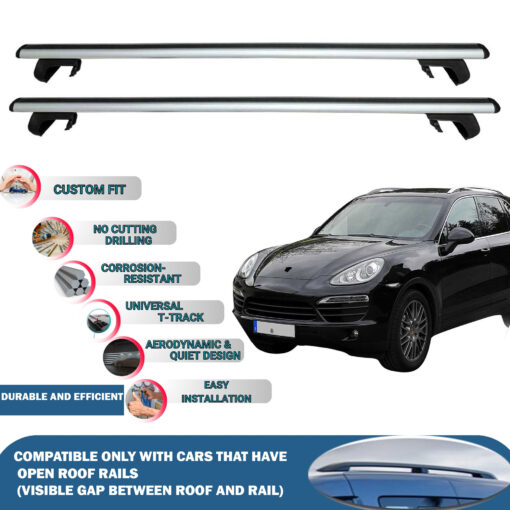 Roof Rack Cross Bars Compatible with Porsche Cayenne E2 2011-2018, Fits Raised Roof Rails with Gap to Car Roof, Ideal Rail Carrier for Roof Tents, 2-Piece Silver