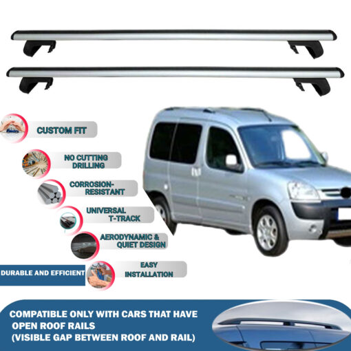 Roof Rack Cross Bars Compatible with Peugeot Partner 1996-2008, Fits Raised Roof Rails with Gap to Car Roof, Ideal Rail Carrier for Roof Tents, 2-Piece Silver