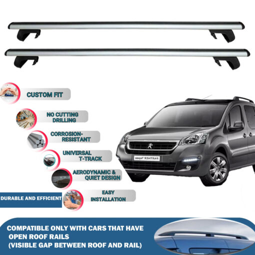 Roof Rack Cross Bars Compatible with Peugeot Partner Tepee 2008-2018, Fits Raised Roof Rails with Gap to Car Roof, Ideal Rail Carrier for Roof Tents, 2-Piece Silver