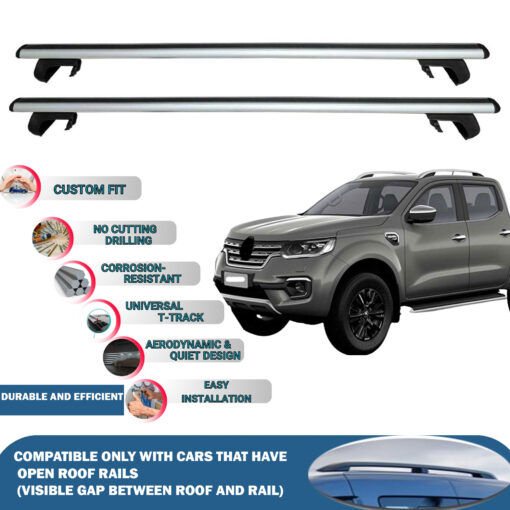 Roof Rack Cross Bars Compatible with Renault Alaskan Pick-Up 2017-2023, Fits Raised Roof Rails with Gap to Car Roof, Ideal Rail Carrier for Roof Tents, 2-Piece Silver