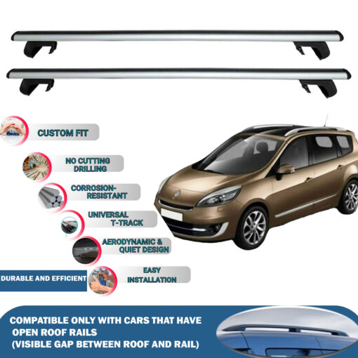 Roof Rack Cross Bars Compatible with Renault Grand Scenic 2009-2016, Fits Raised Roof Rails with Gap to Car Roof, Ideal Rail Carrier for Roof Tents, 2-Piece Silver