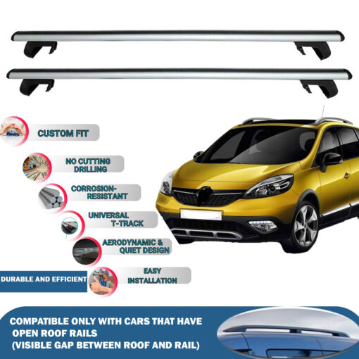 Roof Rack Cross Bars Compatible with Renault Grand X Mod 2012-2016, Fits Raised Roof Rails with Gap to Car Roof, Ideal Rail Carrier for Roof Tents, 2-Piece Silver