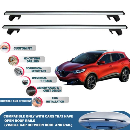 Roof Rack Cross Bars Compatible with Renault Kadjar 2015 Onwards, Fits Raised Roof Rails with Gap to Car Roof, Ideal Rail Carrier for Roof Tents, 2-Piece Silver