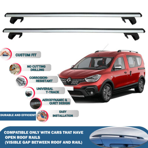 Roof Rack Cross Bars Compatible with Renault Kangoo 5D 2008-2021, Fits Raised Roof Rails with Gap to Car Roof, Ideal Rail Carrier for Roof Tents, 4-Piece Silver - Image 2