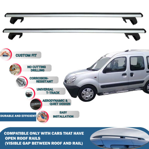 Roof Rack Cross Bars Compatible with Renault Kangoo 1997-2007, Fits Raised Roof Rails with Gap to Car Roof, Ideal Rail Carrier for Roof Tents, 4-Piece Silver - Image 2