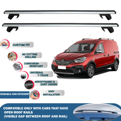 Roof Rack Cross Bars Compatible with Renault Kangoo Express Panel Van 2008-2021, Fits Raised Roof Rails with Gap to Car Roof, Ideal Rail Carrier for Roof Tents, 2-Piece Silver