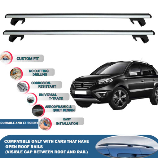 Roof Rack Cross Bars Compatible with Renault Koleos 2007-2016, Fits Raised Roof Rails with Gap to Car Roof, Ideal Rail Carrier for Roof Tents, 2-Piece Silver