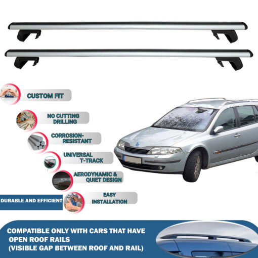 Roof Rack Cross Bars Compatible with Renault Laguna X74 Estate/G.tour 2001-2008, Fits Raised Roof Rails with Gap to Car Roof, Ideal Rail Carrier for Roof Tents, 2-Piece Silver