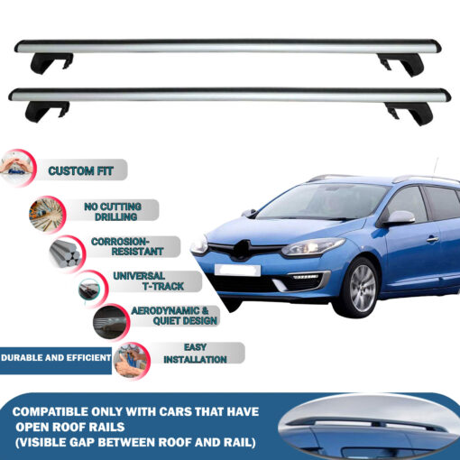 Roof Rack Cross Bars Compatible with Renault Megane Estate/G.Tourer 2008-2016, Fits Raised Roof Rails with Gap to Car Roof, Ideal Rail Carrier for Roof Tents, 2-Piece Silver