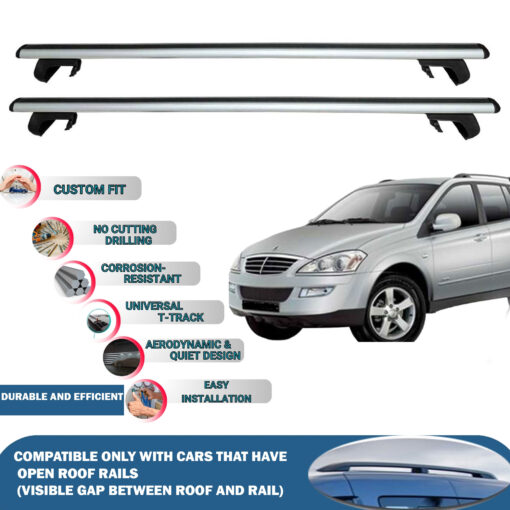 Roof Rack Cross Bars Compatible with Ssangyong Actyon 2006-2011, Fits Raised Roof Rails with Gap to Car Roof, Ideal Rail Carrier for Roof Tents, 2-Piece Silver