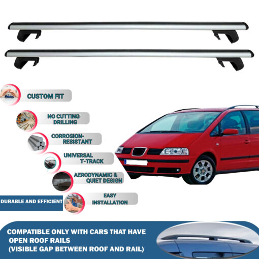 Roof Rack Cross Bars Compatible with Seat Alhambra 2000-2010, Fits Raised Roof Rails with Gap to Car Roof, Ideal Rail Carrier for Roof Tents, 2-Piece Silver