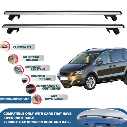 Roof Rack Cross Bars Compatible with Seat Alhambra 2010-2020, Fits Raised Roof Rails with Gap to Car Roof, Ideal Rail Carrier for Roof Tents, 2-Piece Silver