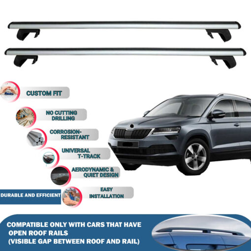 Roof Rack Cross Bars Compatible with Skoda Karoq 2017-2023, Fits Raised Roof Rails with Gap to Car Roof, Ideal Rail Carrier for Roof Tents, 2-Piece Silver