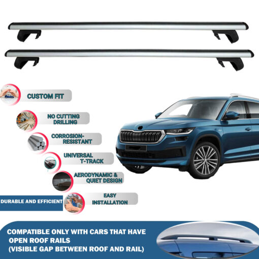 Roof Rack Cross Bars Compatible with Skoda Kodiaq 2016-2023, Fits Raised Roof Rails with Gap to Car Roof, Ideal Rail Carrier for Roof Tents, 2-Piece Silver