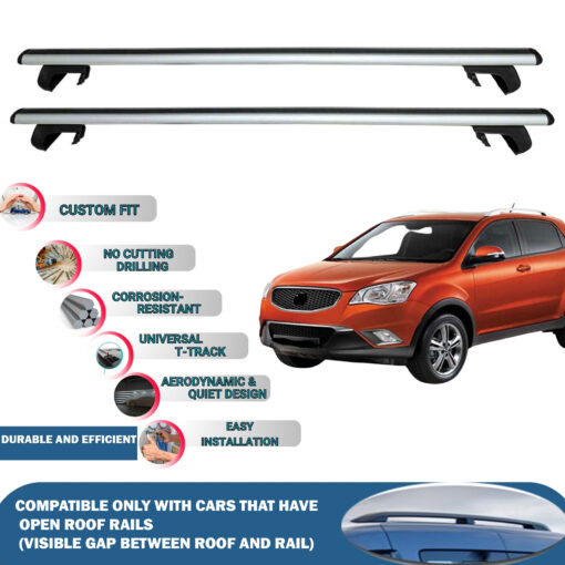 Roof Rack Cross Bars Compatible with Ssangyong Korando 2010-2019, Fits Raised Roof Rails with Gap to Car Roof, Ideal Rail Carrier for Roof Tents, 2-Piece Silver