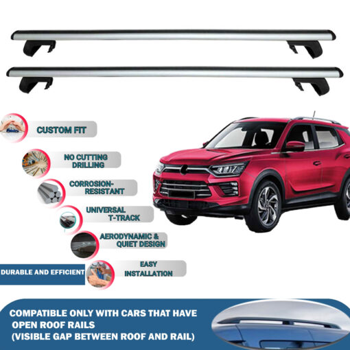 Roof Rack Cross Bars Compatible with Ssangyong Korando 2019-2023, Fits Raised Roof Rails with Gap to Car Roof, Ideal Rail Carrier for Roof Tents, 2-Piece Silver