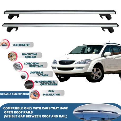 Roof Rack Cross Bars Compatible with Ssangyong Kyron 2008-2011, Fits Raised Roof Rails with Gap to Car Roof, Ideal Rail Carrier for Roof Tents, 2-Piece Silver