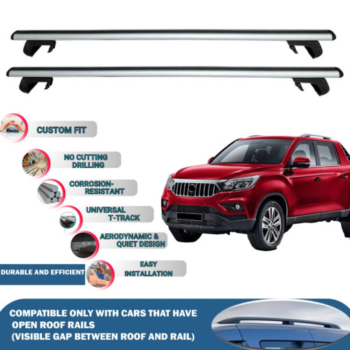 Roof Rack Cross Bars Compatible with Ssangyong Musso Pick-Up 2018-2024, Fits Raised Roof Rails with Gap to Car Roof, Ideal Rail Carrier for Roof Tents, 2-Piece Silver