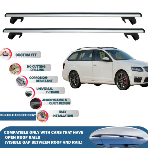 Roof Rack Cross Bars Compatible with Skoda Octavia SW 2012-2019, Fits Raised Roof Rails with Gap to Car Roof, Ideal Rail Carrier for Roof Tents, 2-Piece Silver