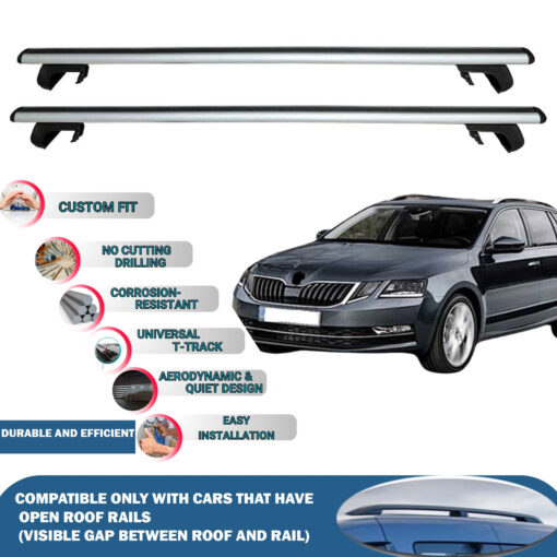 Roof Rack Cross Bars Compatible with Skoda Octavia Wagon 2013-2018, Fits Raised Roof Rails with Gap to Car Roof, Ideal Rail Carrier for Roof Tents, 2-Piece Silver