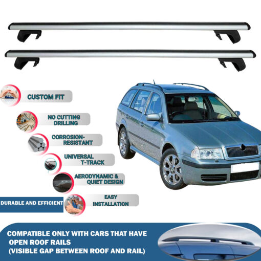 Roof Rack Cross Bars Compatible with Skoda Octavia Wagon 1998-2004, Fits Raised Roof Rails with Gap to Car Roof, Ideal Rail Carrier for Roof Tents, 2-Piece Silver