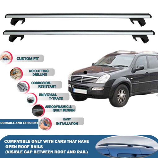 Roof Rack Cross Bars Compatible with Ssangyong Rexton 2001-2016, Fits Raised Roof Rails with Gap to Car Roof, Ideal Rail Carrier for Roof Tents, 2-Piece Silver