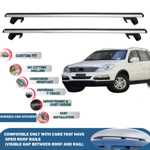 Roof Rack Cross Bars Compatible with Ssangyong Rexton 2012-2017, Fits Raised Roof Rails with Gap to Car Roof, Ideal Rail Carrier for Roof Tents, 2-Piece Silver