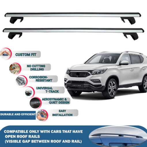 Roof Rack Cross Bars Compatible with Ssangyong Rexton 2017-2023, Fits Raised Roof Rails with Gap to Car Roof, Ideal Rail Carrier for Roof Tents, 2-Piece Silver