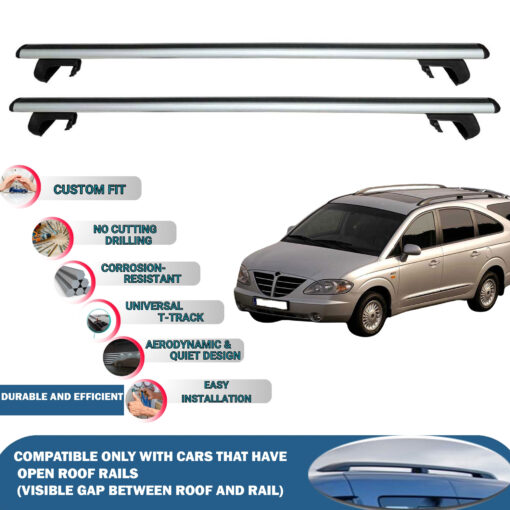 Roof Rack Cross Bars Compatible with Ssangyong Rodius 2004-2012, Fits Raised Roof Rails with Gap to Car Roof, Ideal Rail Carrier for Roof Tents, 2-Piece Silver